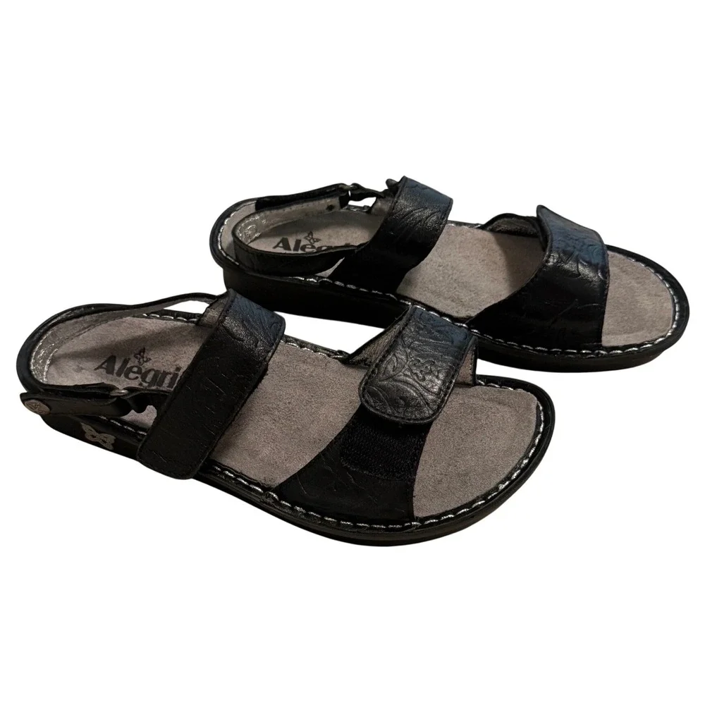 Alegria Verona Sandals Womens 38 Black Excellent Floral Embossed Leather Comfort